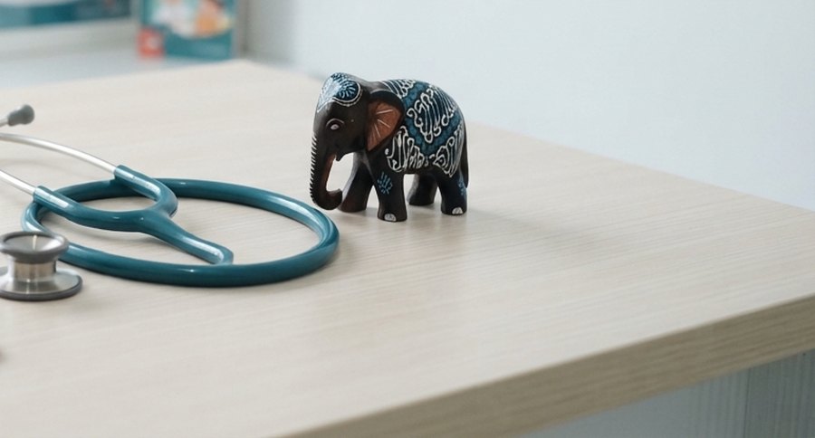Meja periksa dokter anak dengan stetoskop dan patung gajah kayu